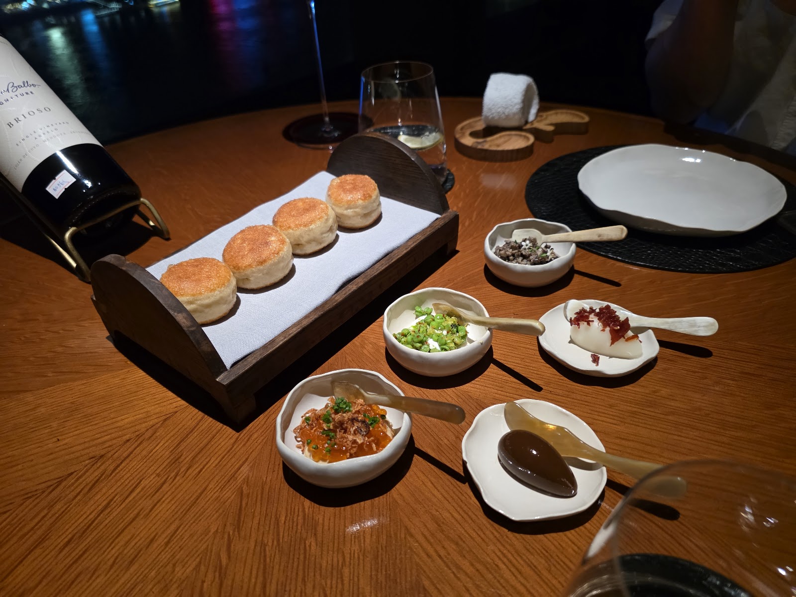 Warm pan-fried dough with house dips and wine