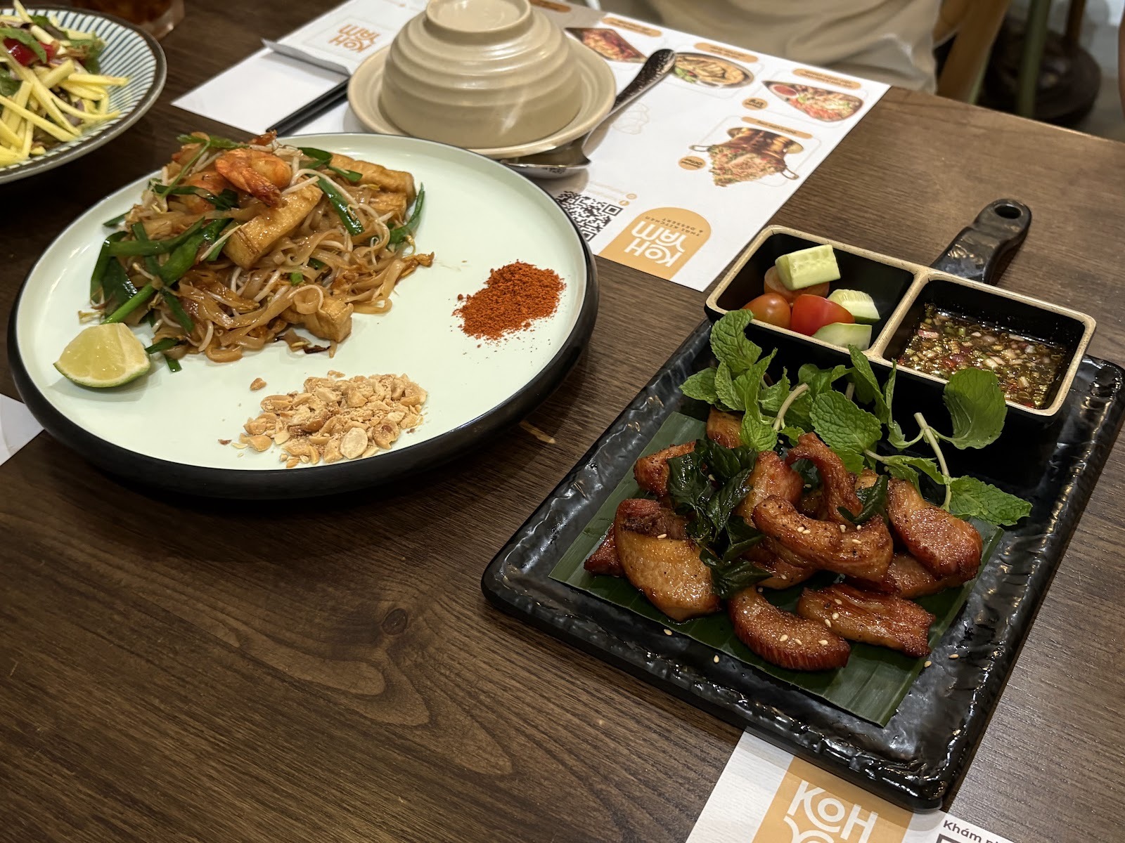 Shrimp Pad Thai and grilled pork with dips
