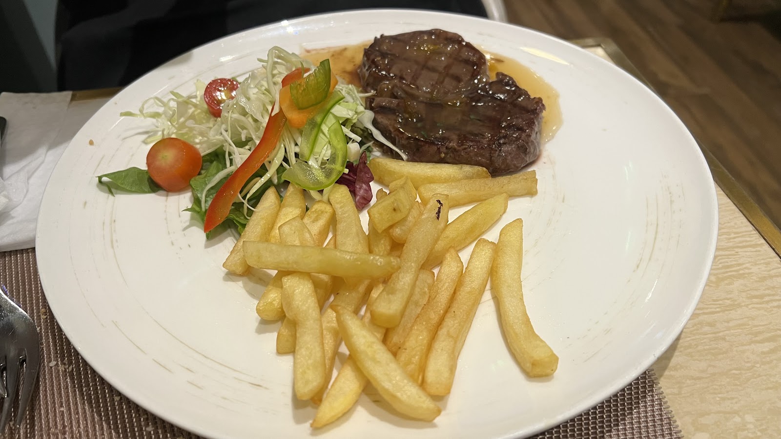 Steak with fries and salad (diner photo, Jun 2022)