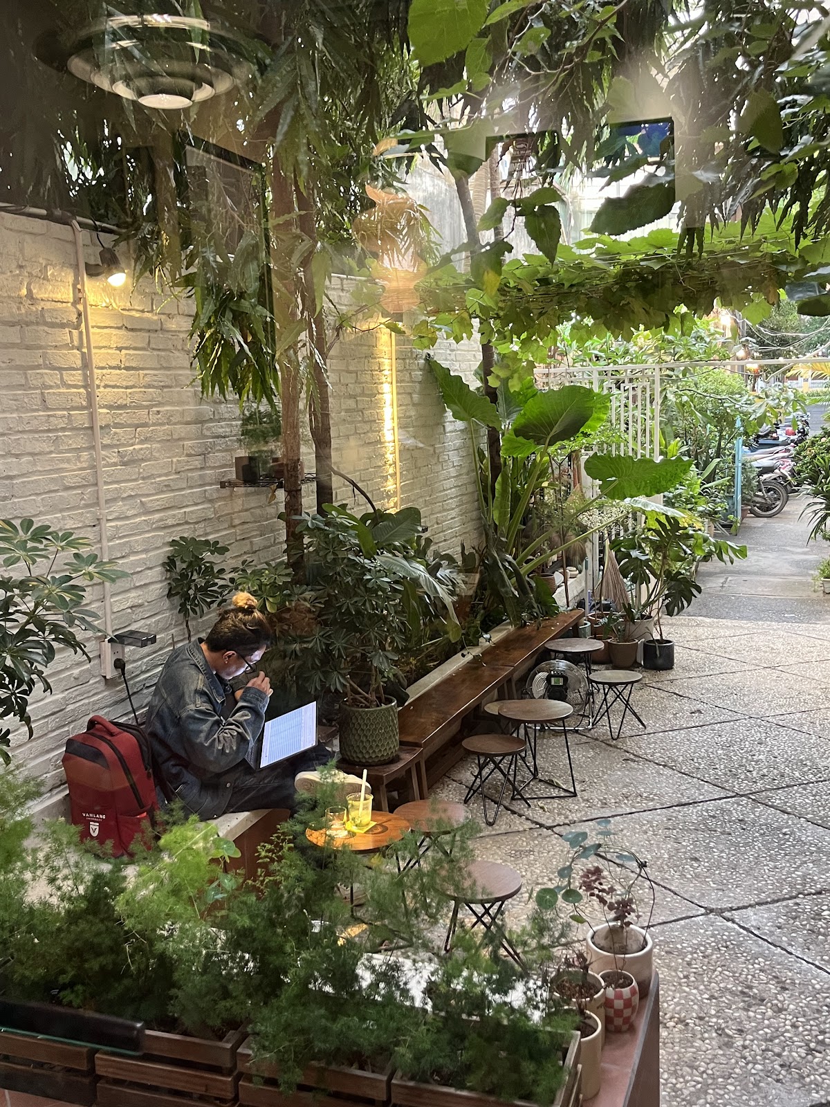 Khách ngồi làm việc trong sân vườn Café Mô-tê