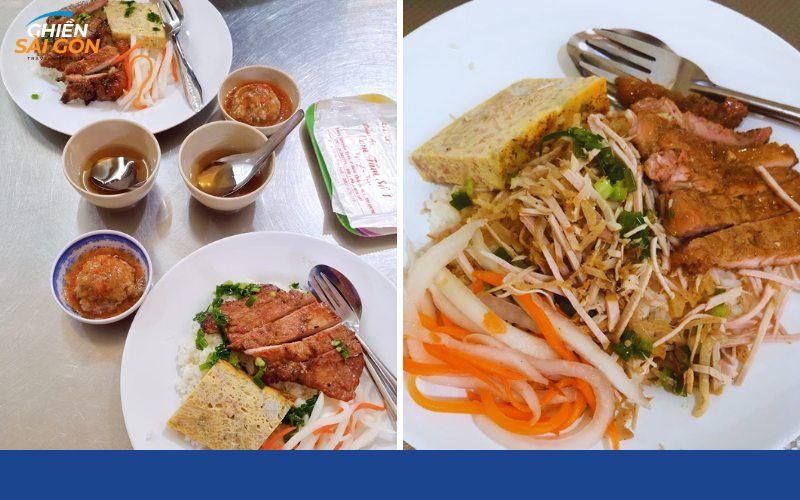 Plates of suon cha and bi cha broken rice