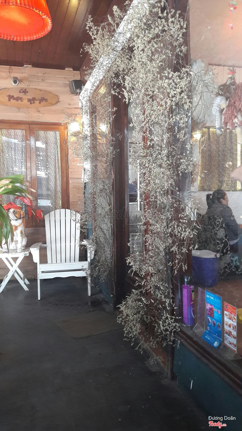 The wooden 'Cafe Nhat Nguyet' sign at the entrance