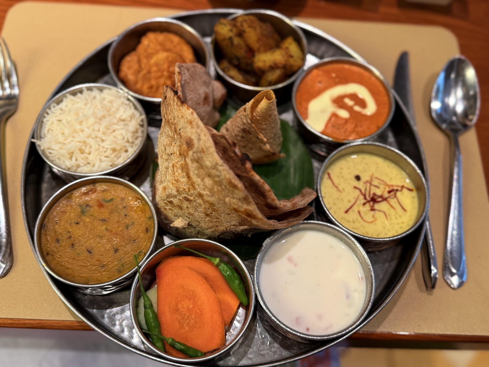 A thali tray full of dishes
