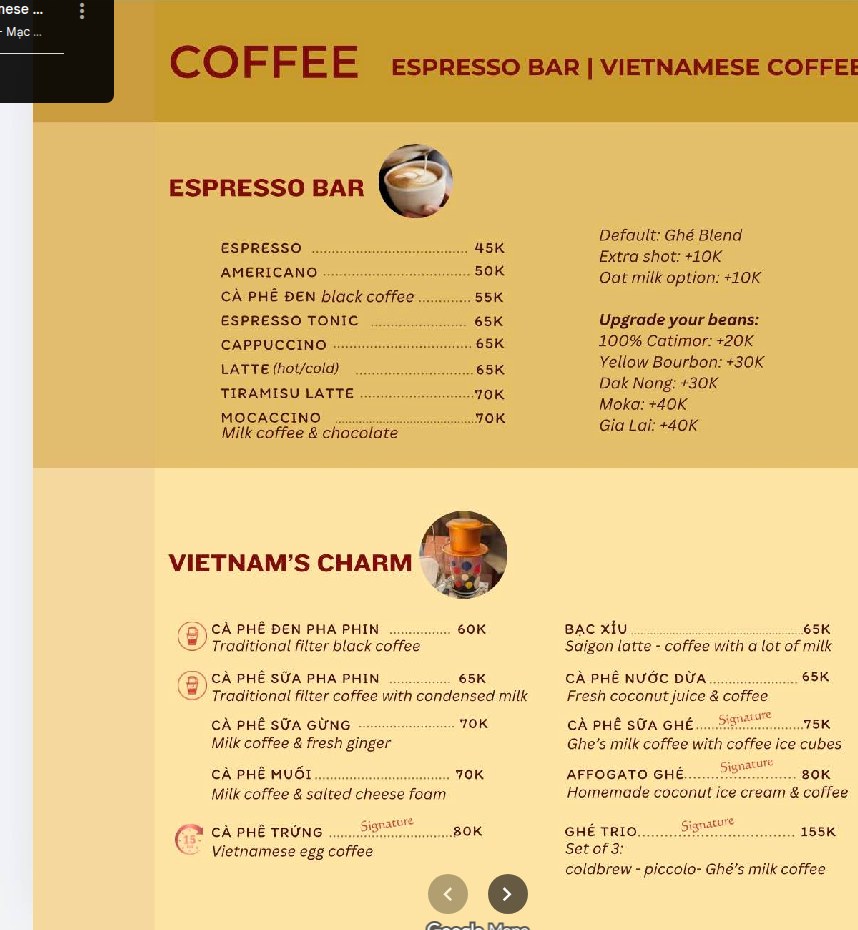 The menu board at Ghé