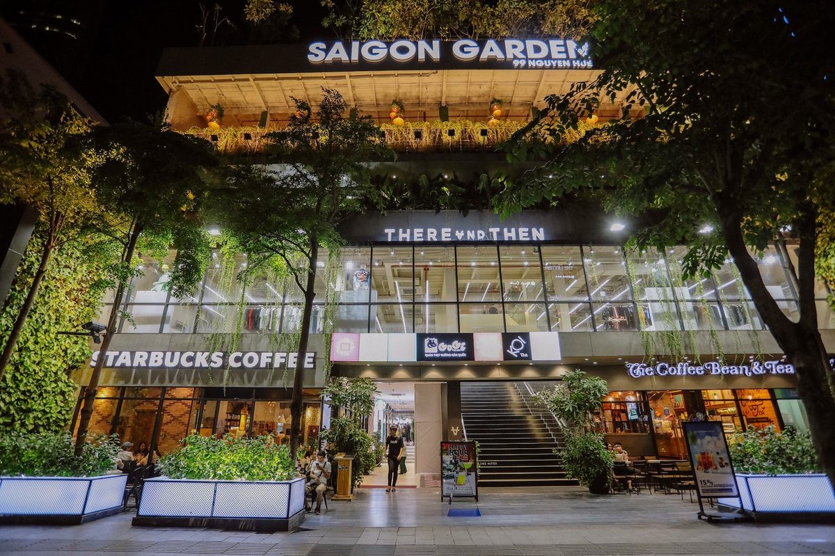 Saigon Garden, 99 Nguyen Hue at night — the GoGi sign on the ground floor