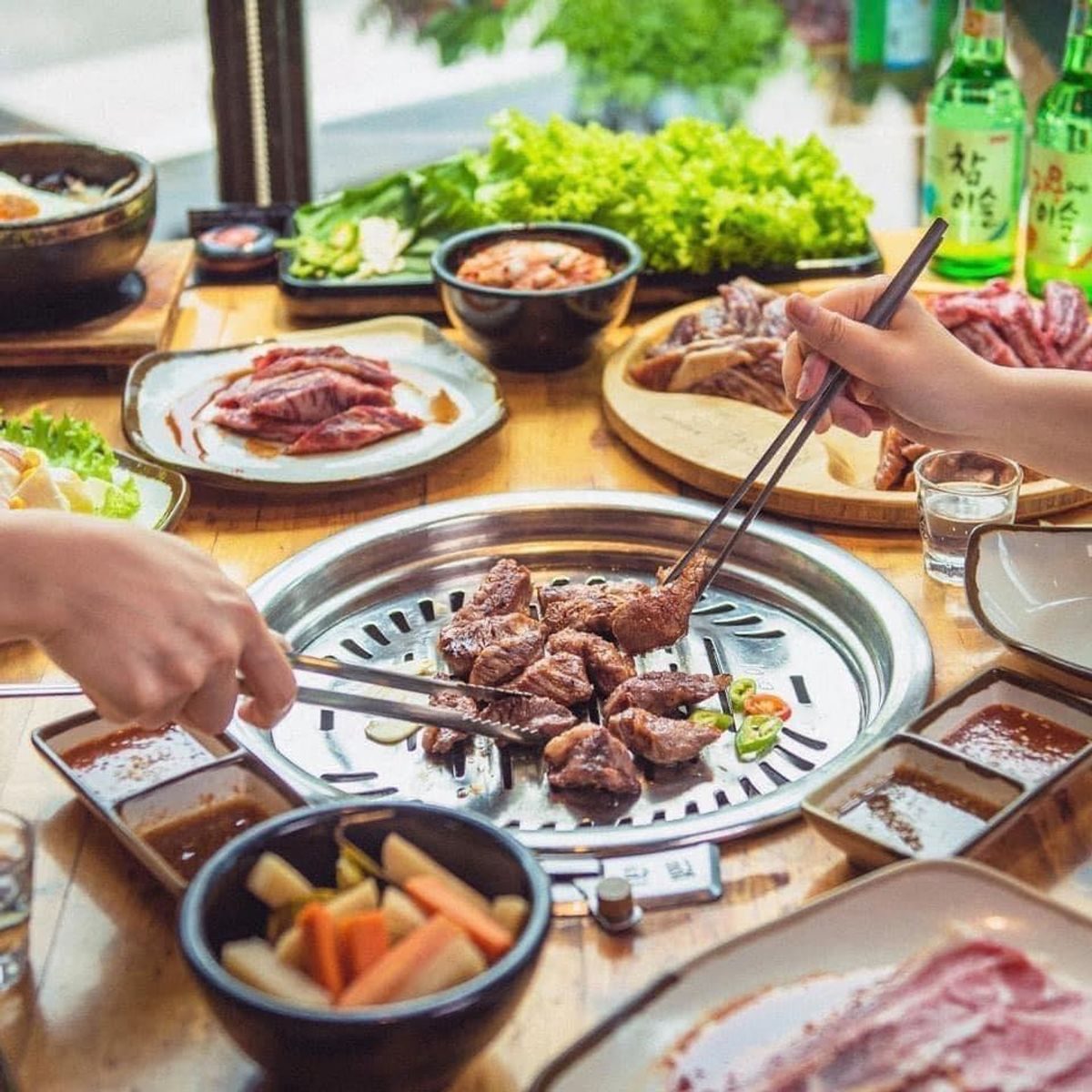 The GoGi grill with chopsticks, soju and kimchi