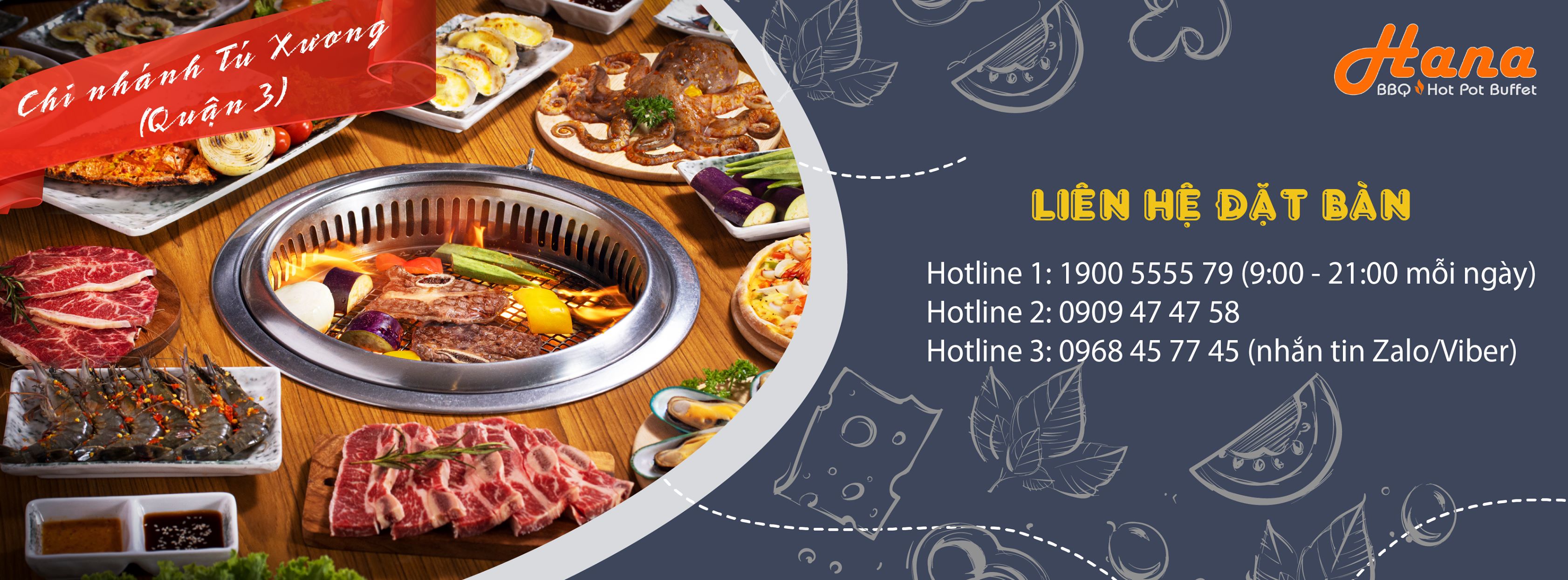 Mâm tiệc buffet Hana: bếp nướng với thịt bò, tôm, hàu, bạch tuộc