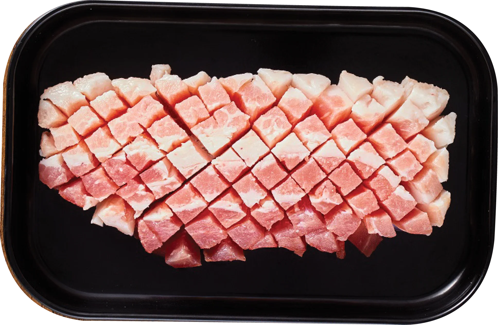 검은 쟁반 위 격자 칼집 벌집삼겹살 — 가게 메뉴 사진