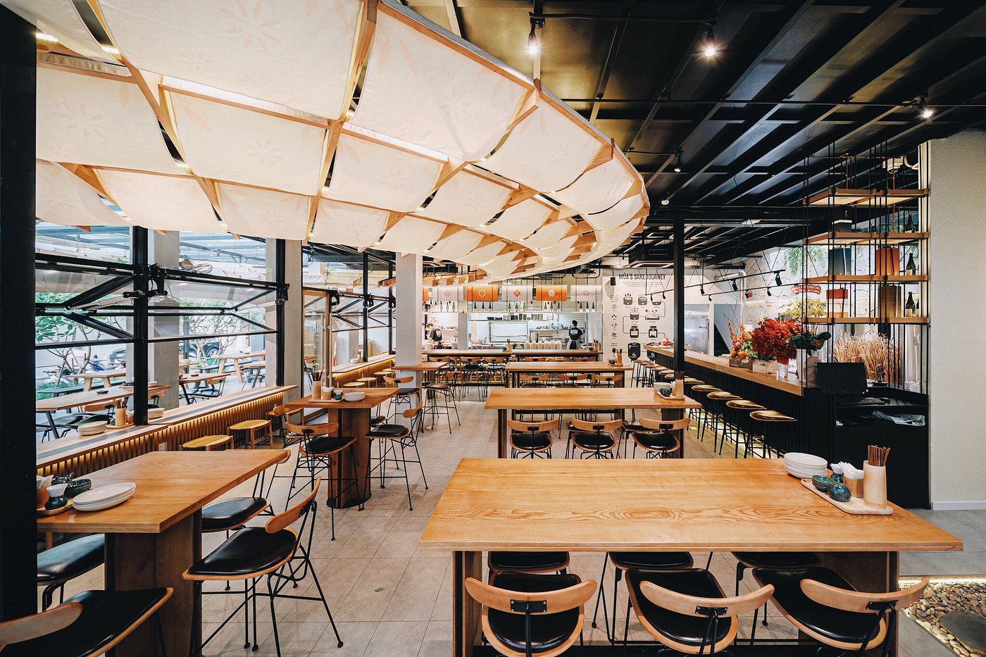 The dining room under the wasabi-sail canopy