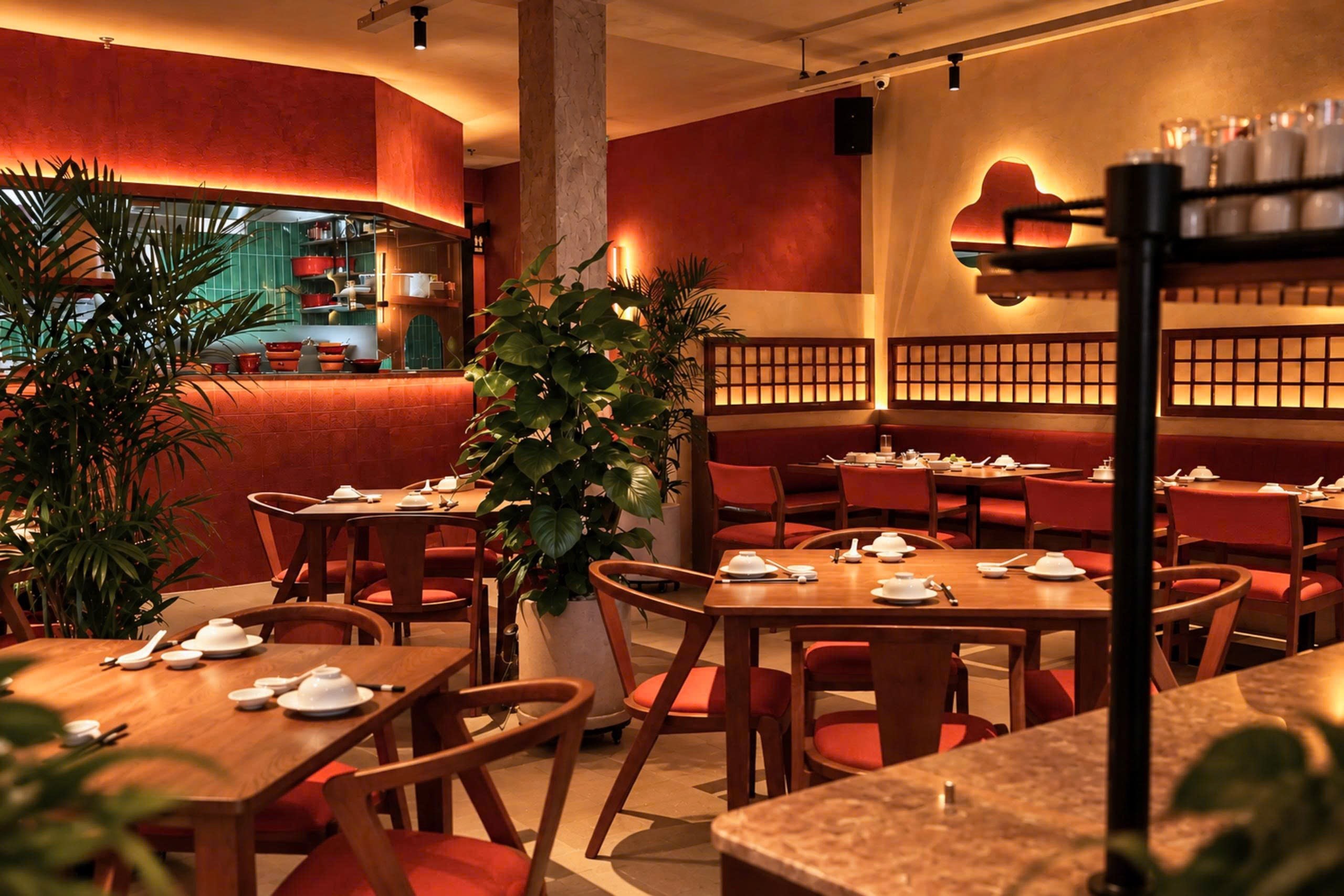 MULAN's cinnabar-red dining room