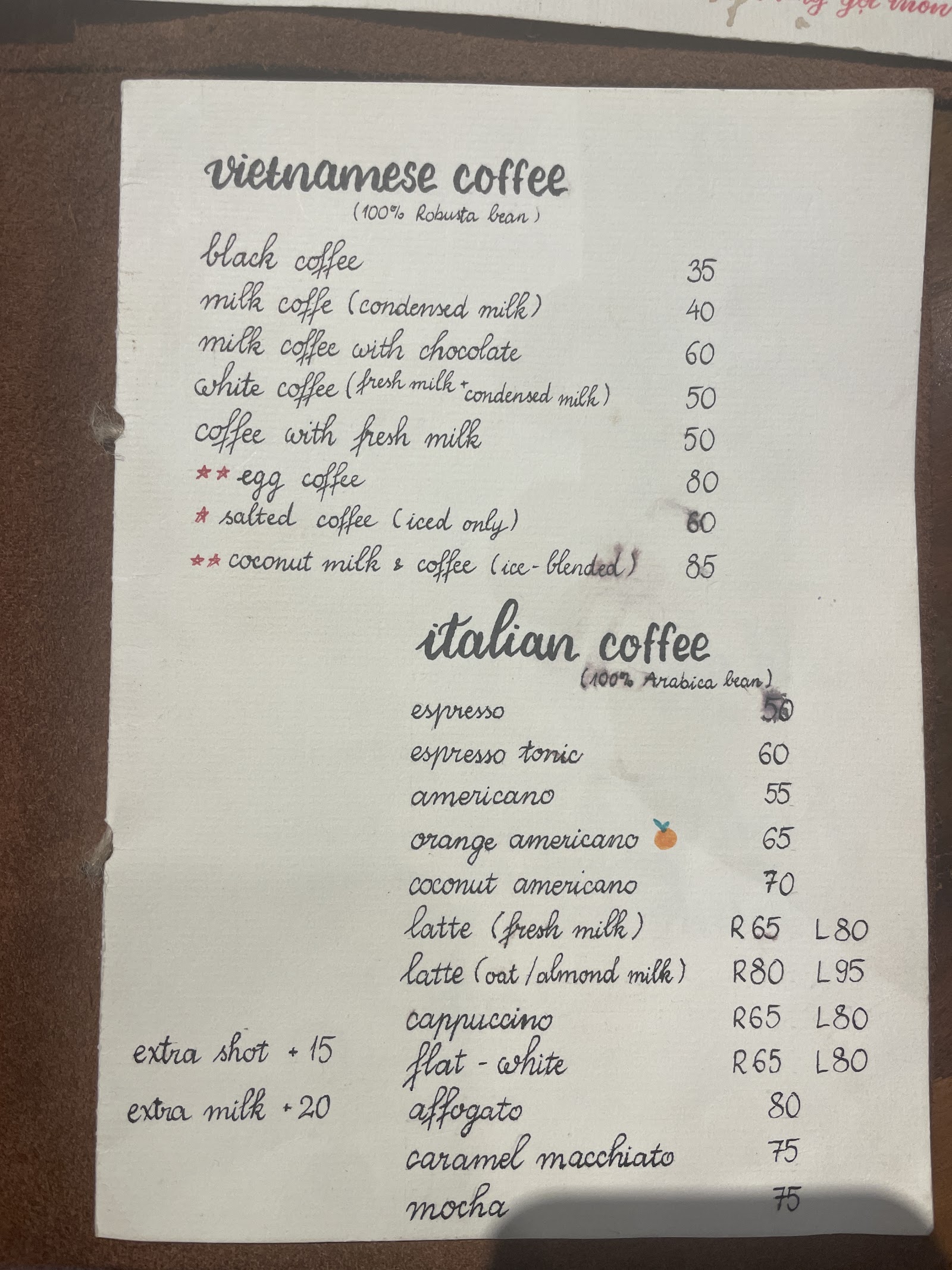 Cà phê trứng trên menu viết tay
