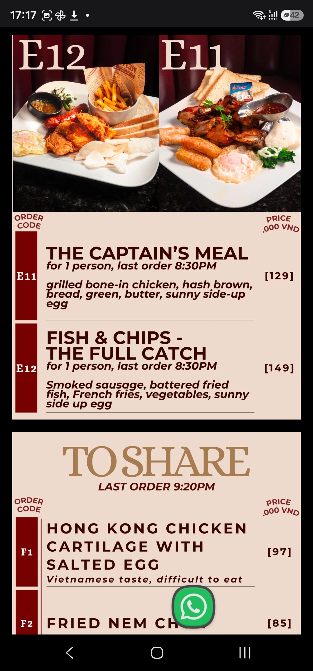 Main course and to-share menu board, August 2026