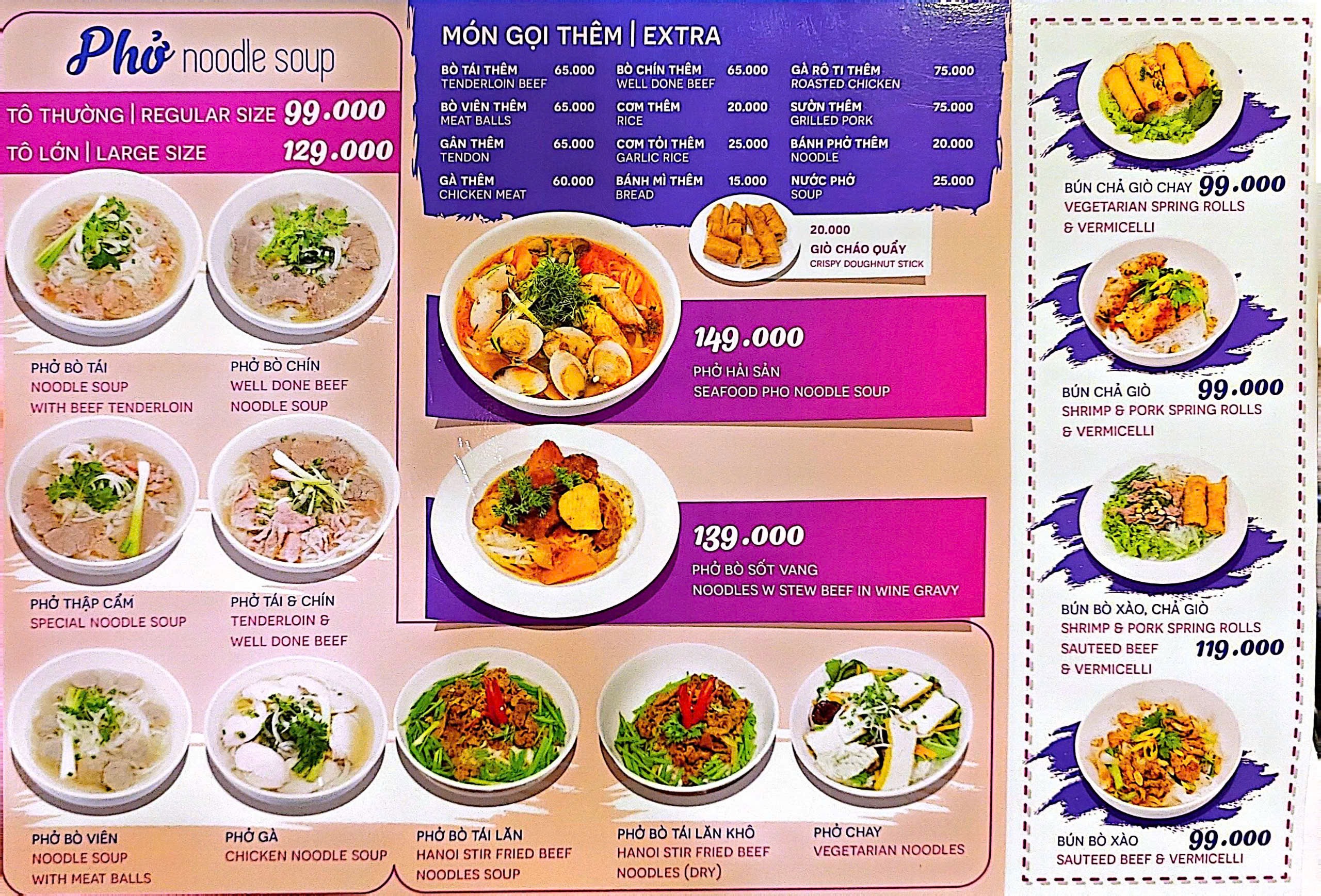 Bảng giá niêm yết tại Phở 2000
