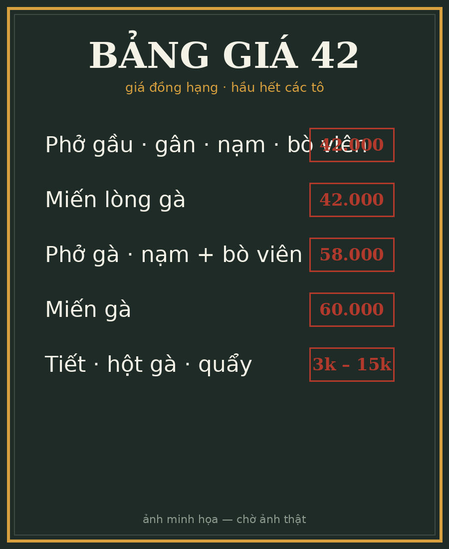 Bảng giá 42 minh họa — các nhóm món và giá