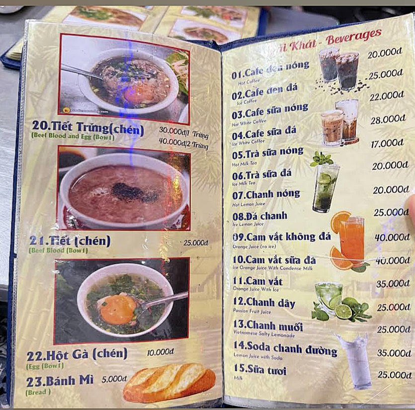 Pho Quynh's laminated table menu