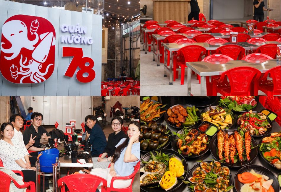 The yard: red plastic chairs, steel tables, guests, a seafood spread