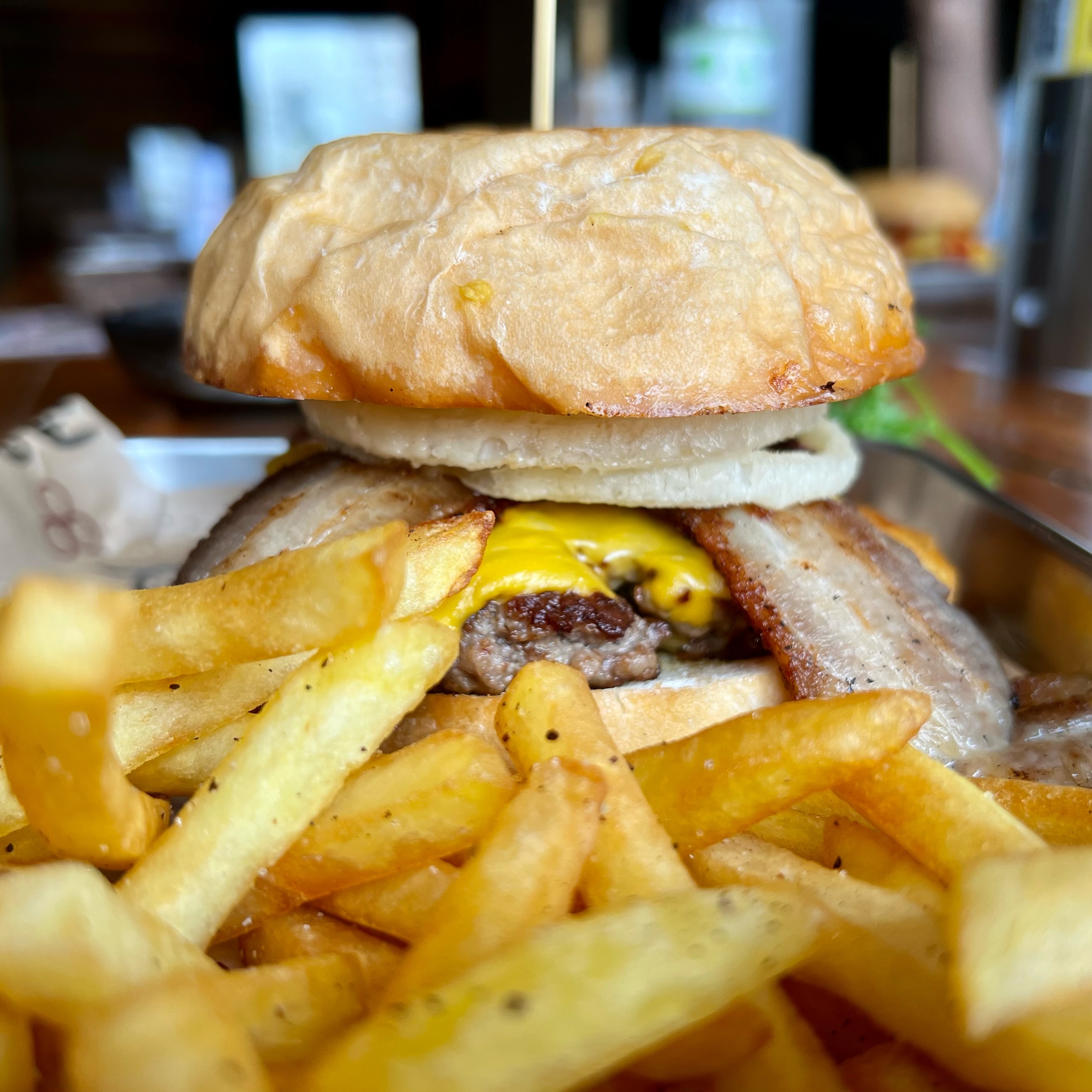 Smoked-bacon burger with fries