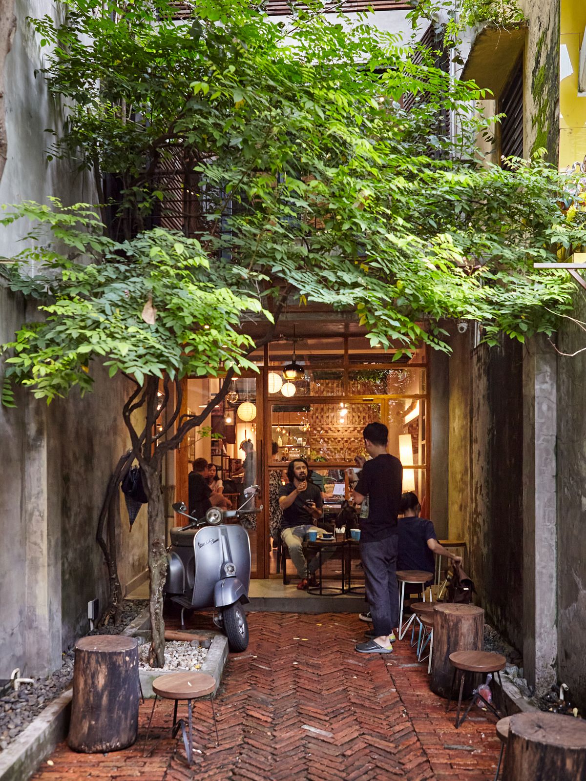 Café Slow 앞 벽돌 중정: 보리수, 그루터기 의자, 따뜻한 목재 프레임 유리 전면