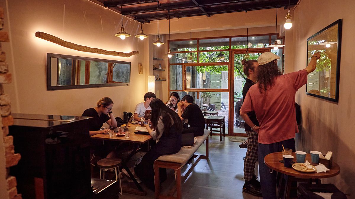 Café Slow 앞 벽돌 중정: 보리수, 그루터기 의자, 따뜻한 목재 프레임 유리 전면