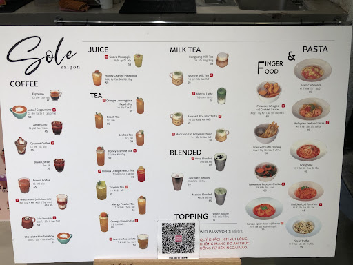 Bảng menu minh họa của Sole Saigon