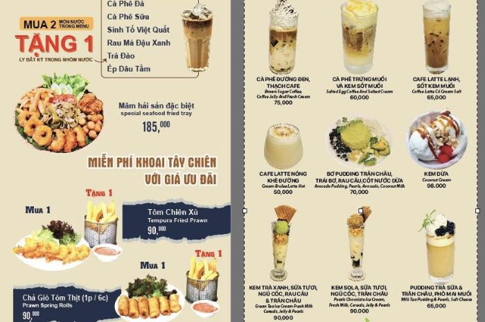 Board thực đơn của quán — chép nguyên văn