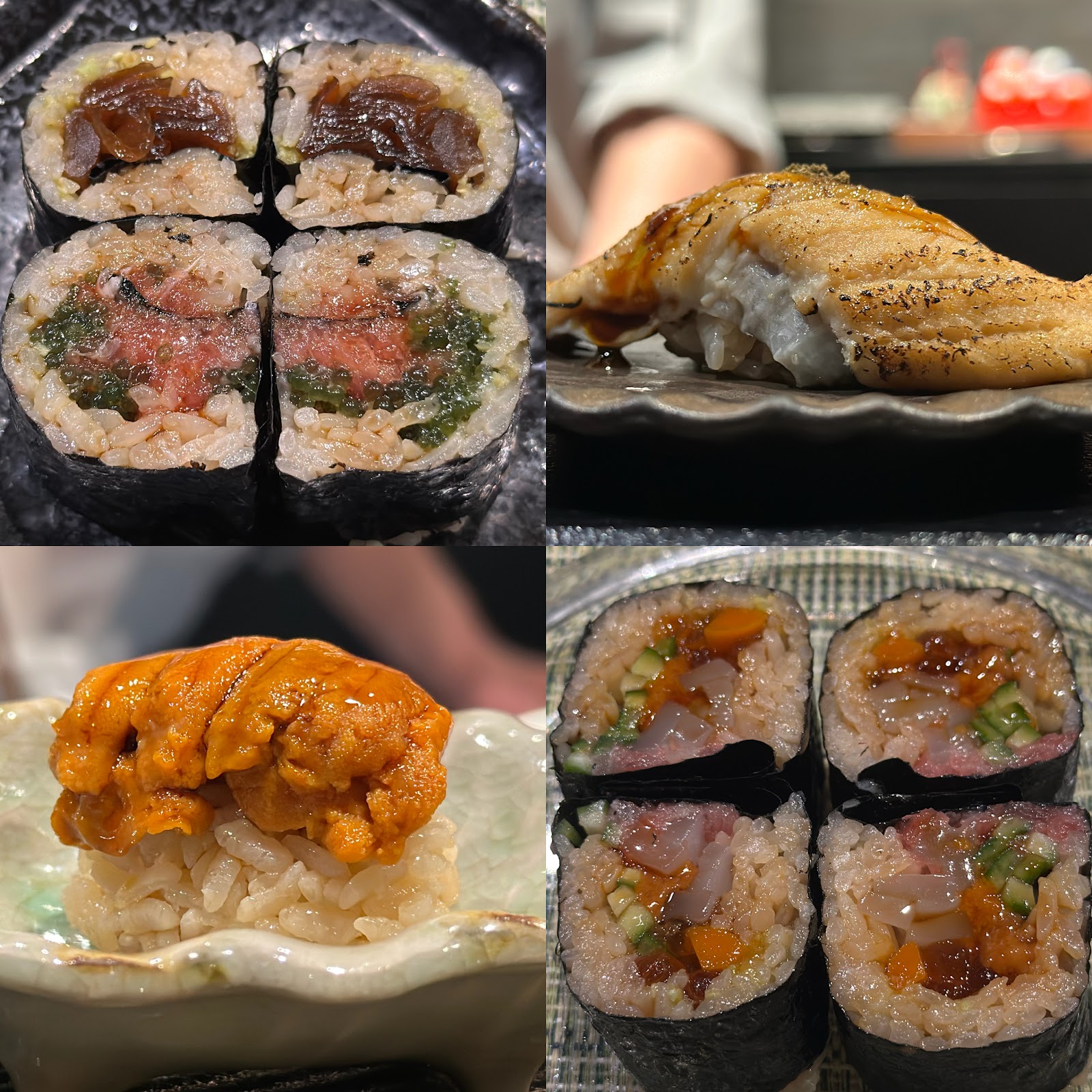 Hosomaki cross-sections, seared white-fish nigiri, and uni