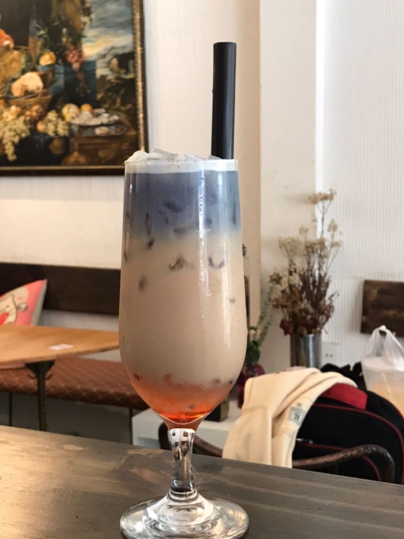 Layered drink in the café interior