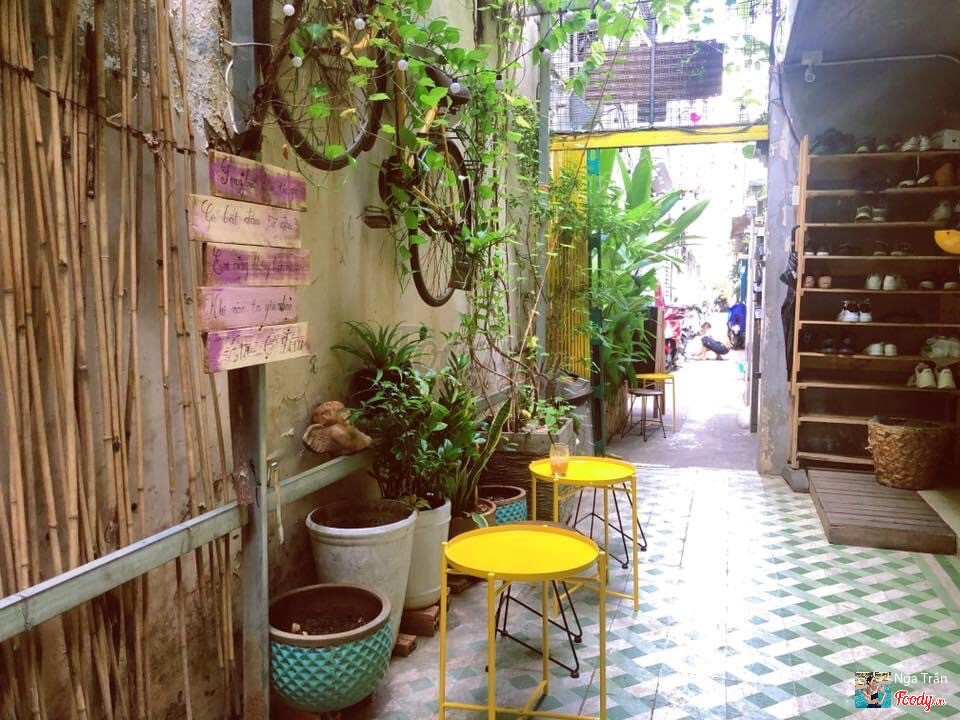 The courtyard with mustard-yellow stools, bamboo fence, and planters
