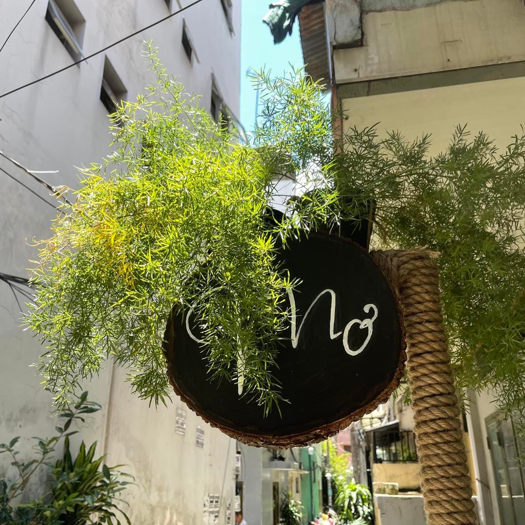 Biển hiệu gỗ tròn khắc chữ Mơ treo ở đầu hẻm dẫn vào tiệm