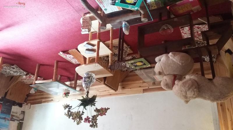 Không gian tầng trên: thảm đỏ, gấu bông, bàn gỗ