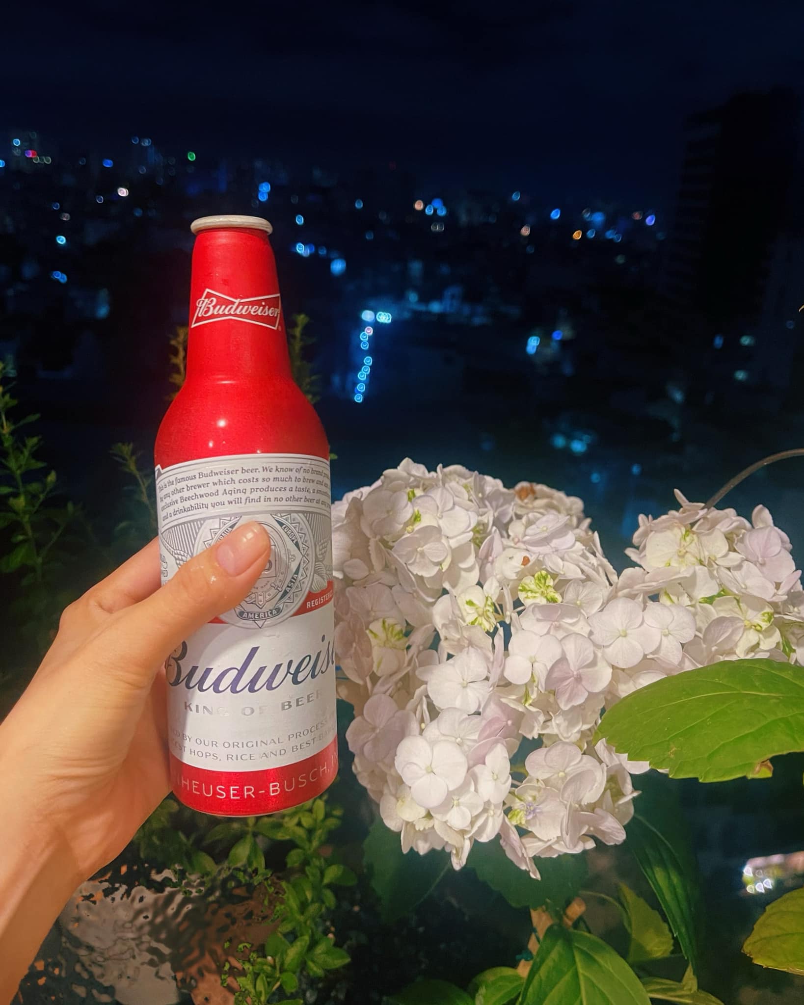 Chai bia giữa ánh đèn thành phố ban đêm